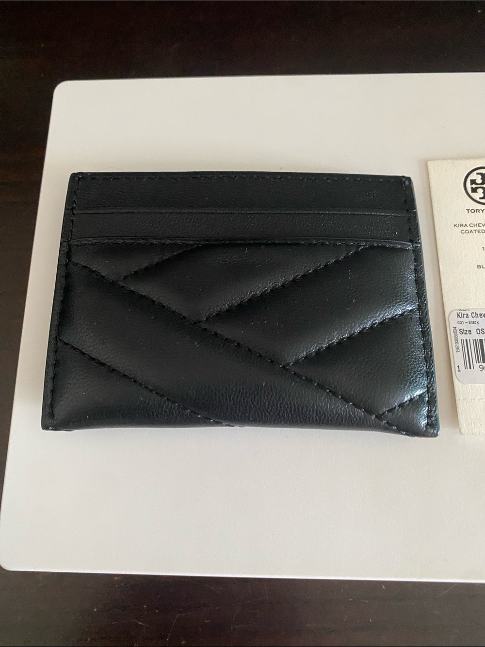 Authentic Tory Burch Leather Kira Chevron Powder Coated Card Case - Picture 3 of 5